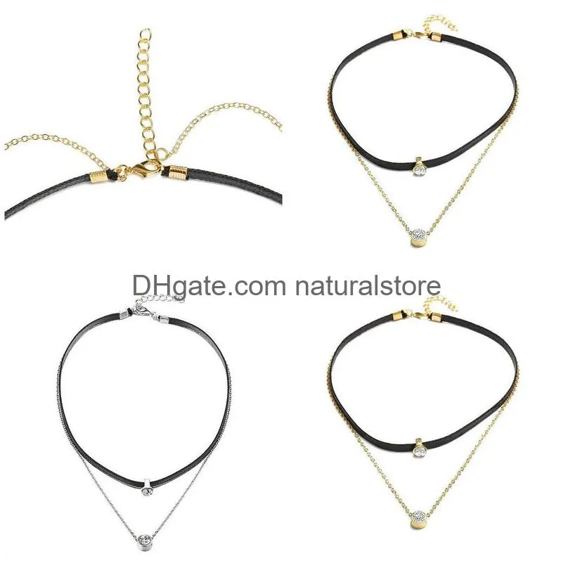 women trendy zircon chokers necklaces double black leather rope chian alloy neck gold