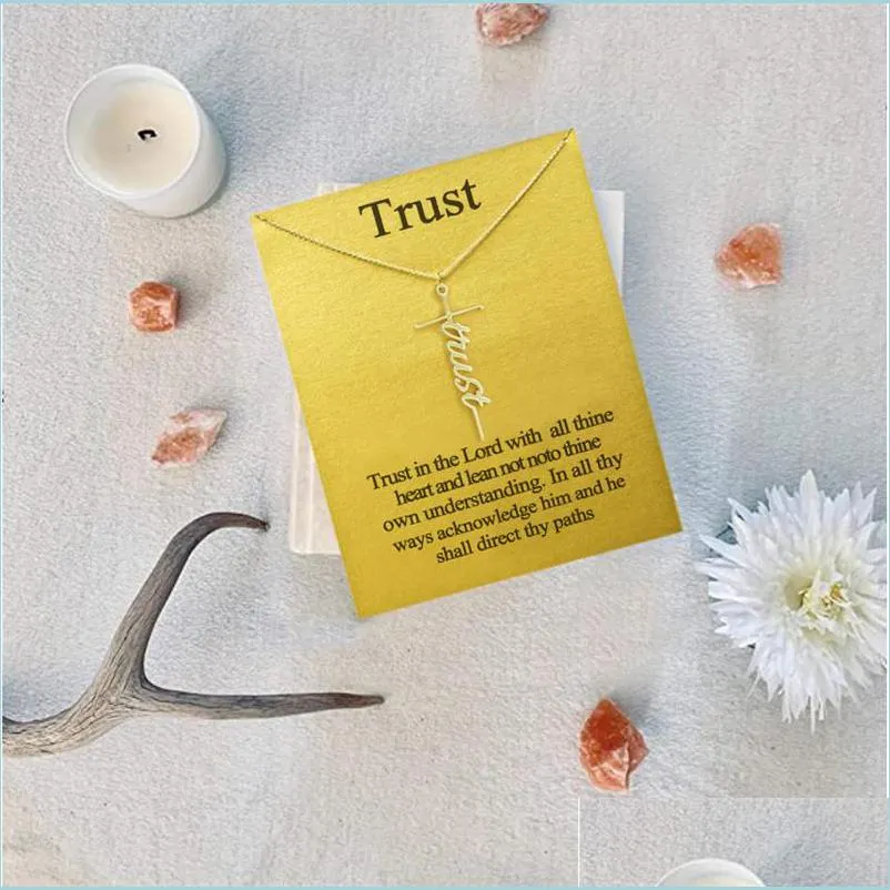 trust cross religion pendant necklace girls women letter chokers statement card jewelry gift silver gold color
