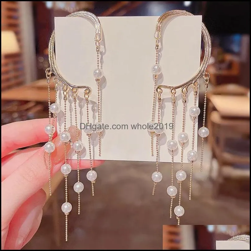 clipon screw back golden color pearl tassel drop earrings for women long cuff earring ear clips bohemia style jewelrys decoration