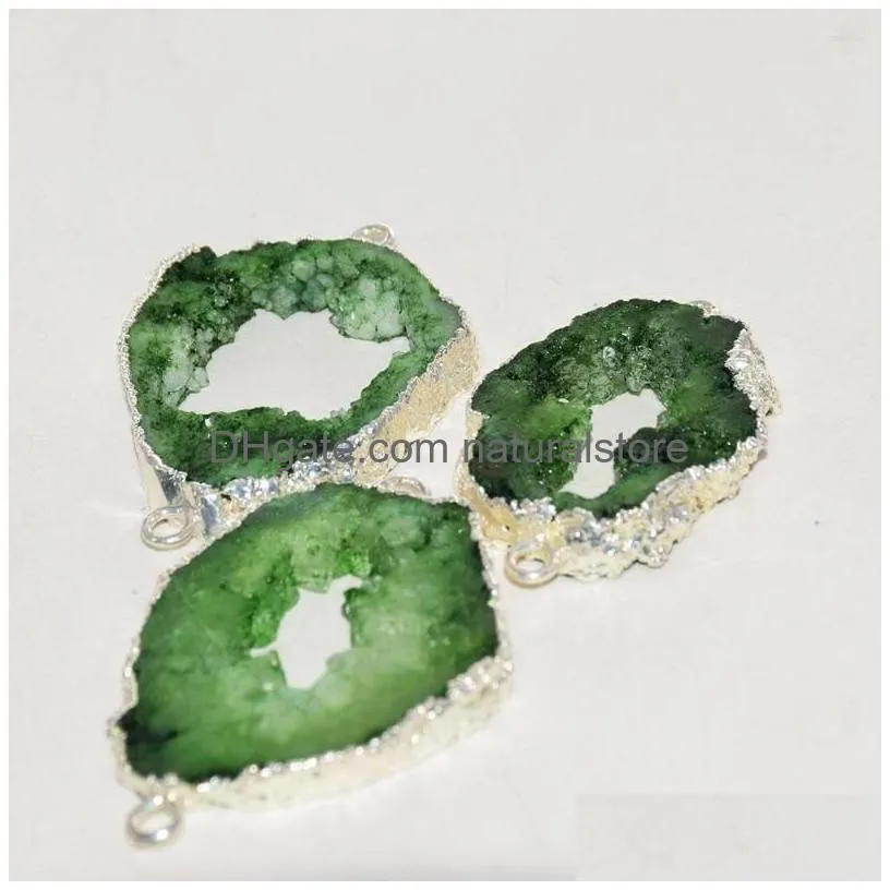 pendant necklaces big green druzy stone connector for jewelry making women 2022 gold plating bezel geode slice hole irregular agates