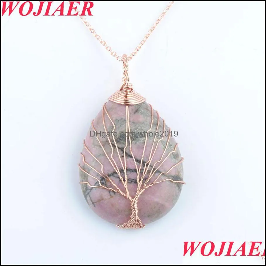 natural quartz opal stone rose gold handmade tree of life wrapped drop pendant necklace shaped crystal reiki bo901
