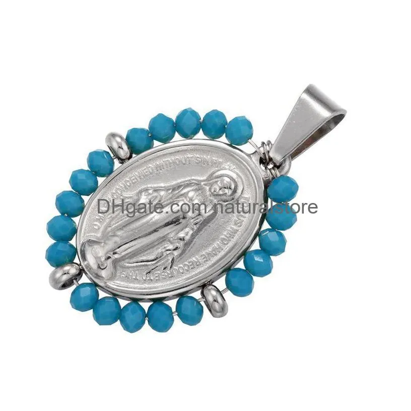 pendant necklaces qmhje virgin mary charm necklace women choker beads chain silver color rainbow colorful jewelry stainless steel