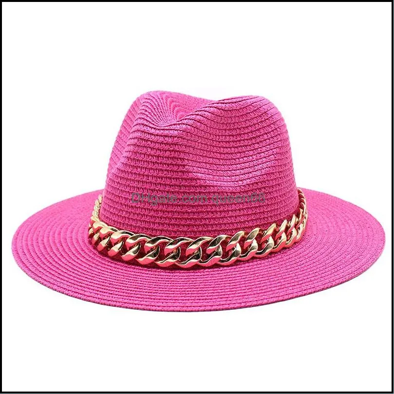 panama straw hat with chain women men holiday beach sun hats girls spring summer sunhat wide brim cap mens jazz caps woman man fashion outdoor sunhats wholesale