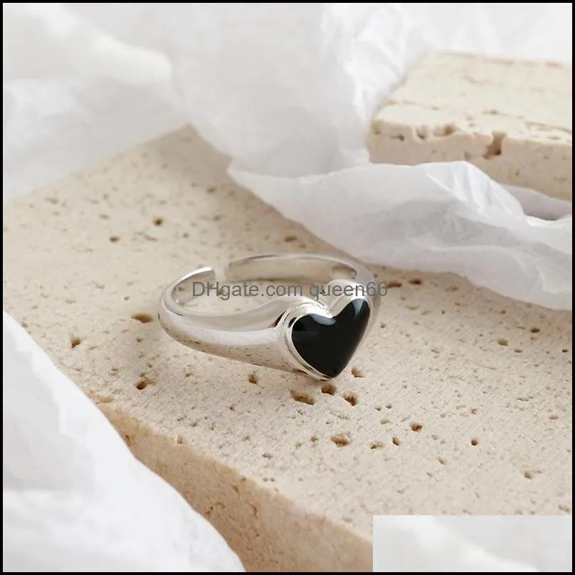 100 genuine 925 sterling silver open ring women classic black glue stone heart finger rings bagues fine jewelry ymr1006