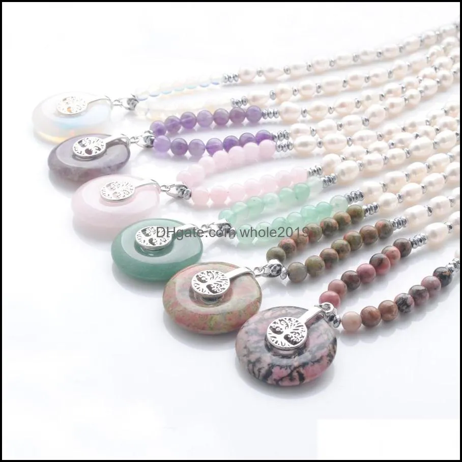 oval natural gemstone pendants pearl necklace for women elegant fashion jewelry gift tree of life stone round peace buckle crystal