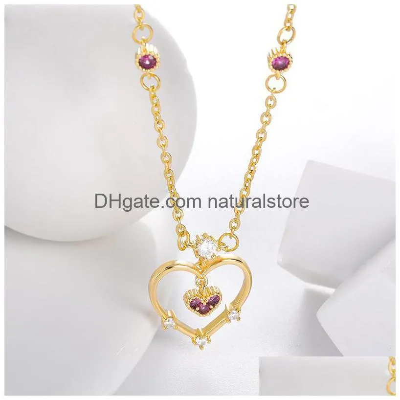 pendant necklaces dainty simple double heartshaped necklace exquisite crystal zircon stainless steel chain womens wedding jewelry