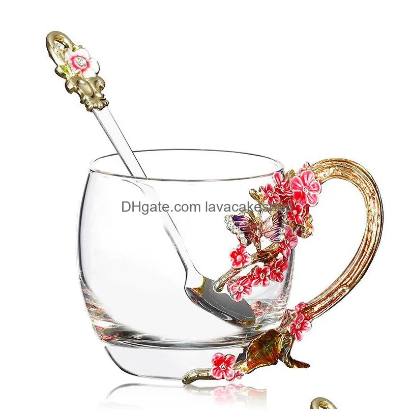 color enamel glass coffee mugs plum blossom cups and mugs with spoon handgrip creative europe drinkware