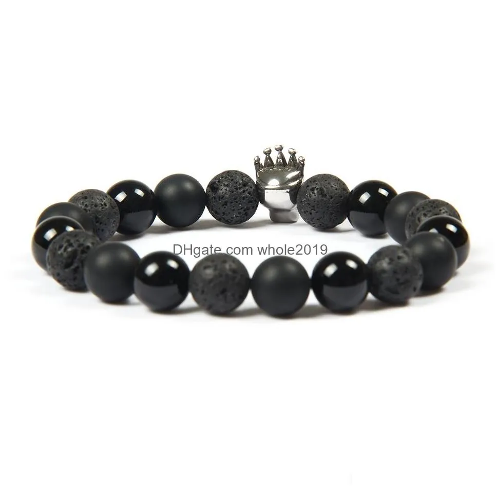  silver titanium steel crown skull bracelet wholesale 10pcs/lot color keeping beaded bracelets with 10mm natural stone beads