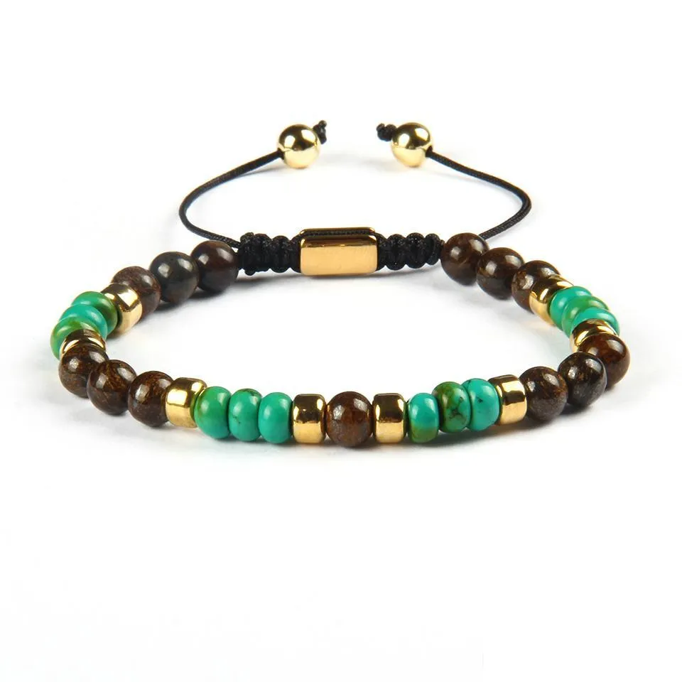 wholesale fashion jewelry arrival 6mm bronzite stone howlite stone with natural green flat beads macrame bracelet for gift