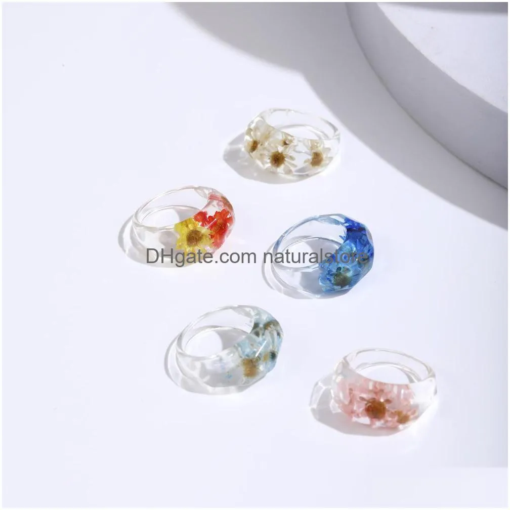 summer simple fashion acrylic geometric irregular transparent resin colorful flower rings for women jewelry gifts