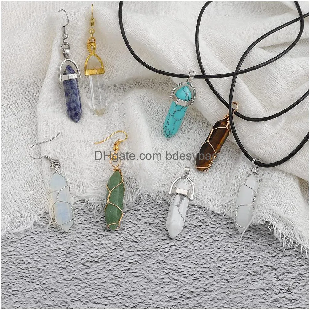 healing chakra crystal pendant hexagonal pointed natural stone bullet shaped pendant gemstone quartz charm pendants for necklace jewelry making24