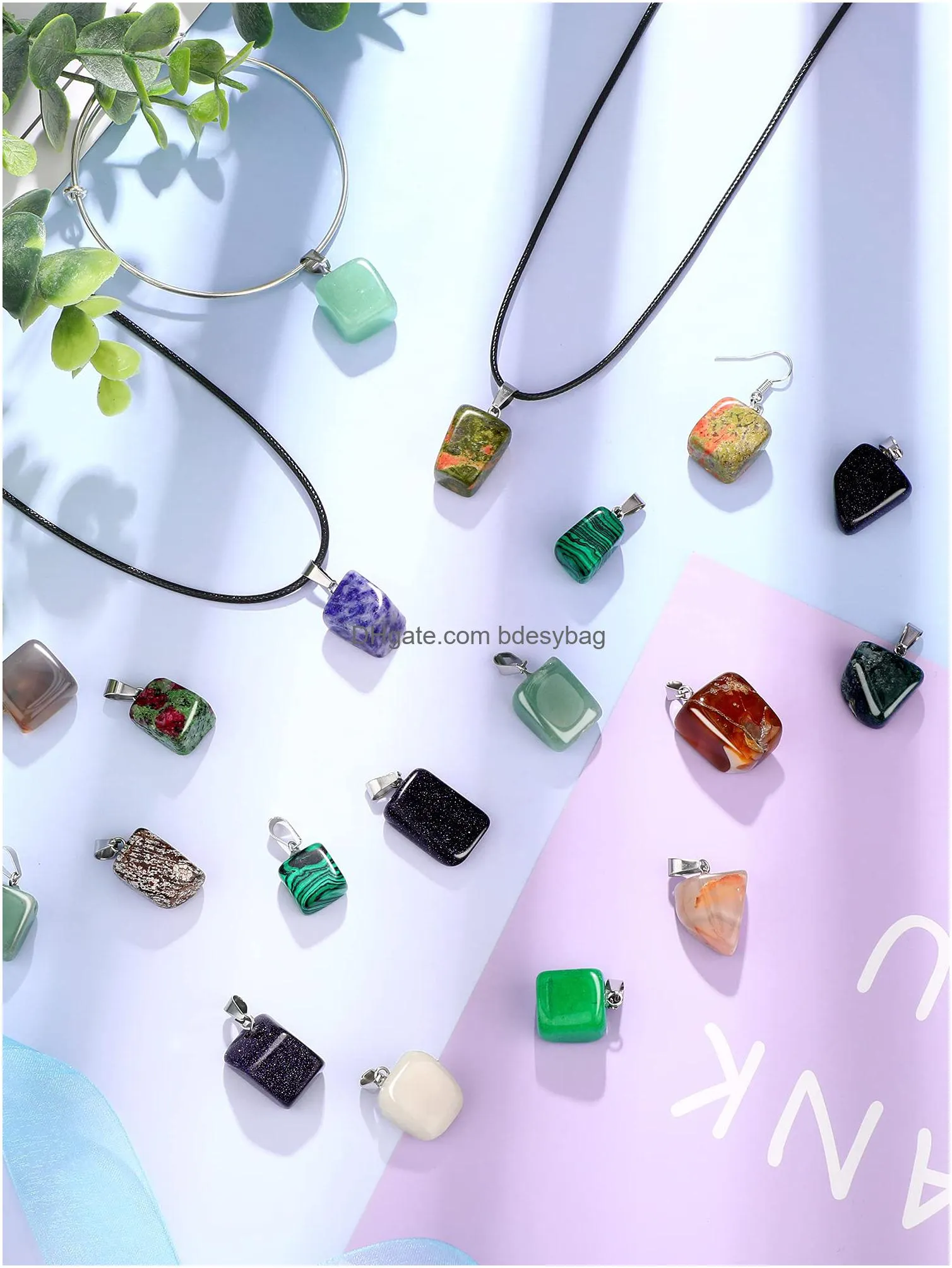 irregular shape chakra stone pendants natural crystal quartz stone charms healing crystal gemstone charms with faux leather cord for women girls