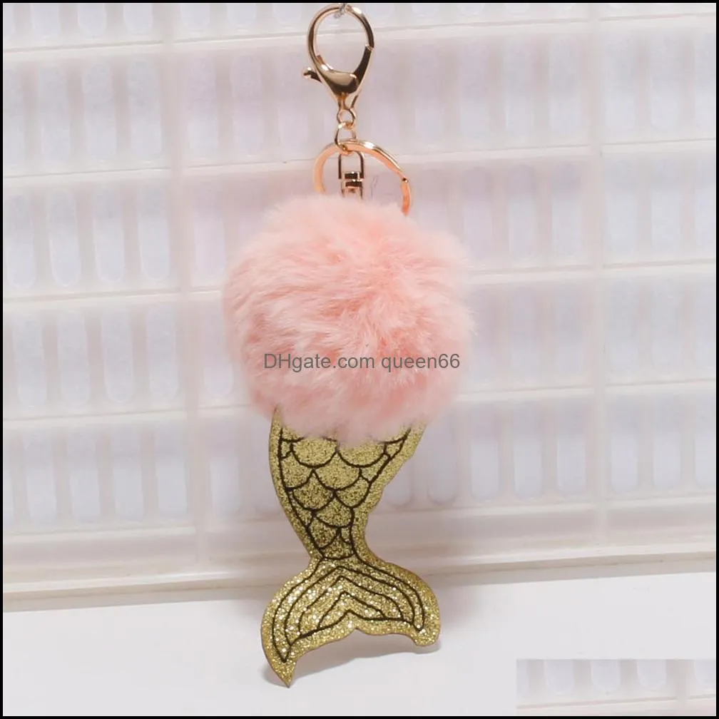 fashion mermaid keychain faux rabbit fur keyhains pom poms keyrings women car handbag pendant key holder xmas gifts dhs g252q