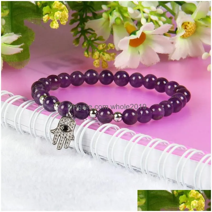  design wholesale 10pcs/lot 6mm natural purple crystal stone beads with fatima hand hamsa bracelets fine girl women charms jewelry