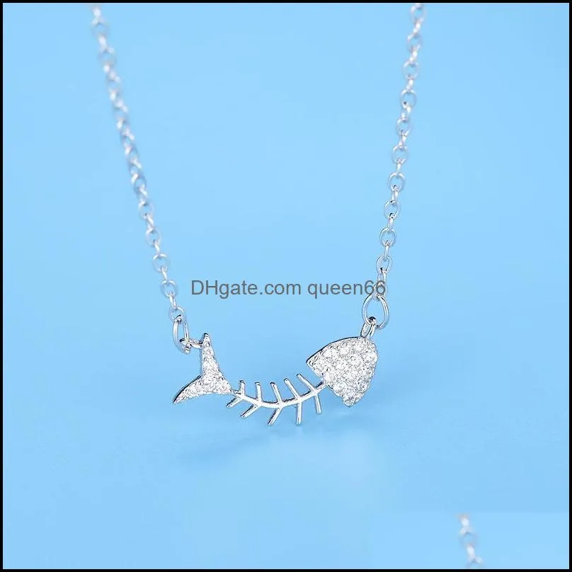 fashion fish bone design pendant necklace personality synthetic rhinestone jewelry authentic 925 sterling silver chain necklace