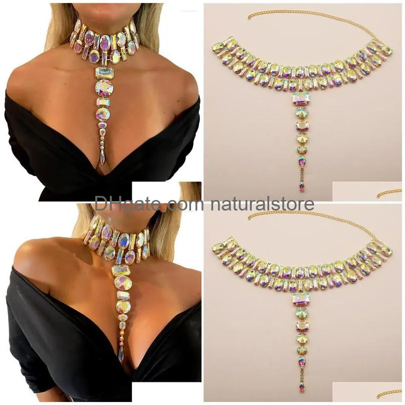 pendant necklaces 2022 luxury ab color crystal long tassel necklace ladies exaggerated fashion super flash big gem choker jewelry gift