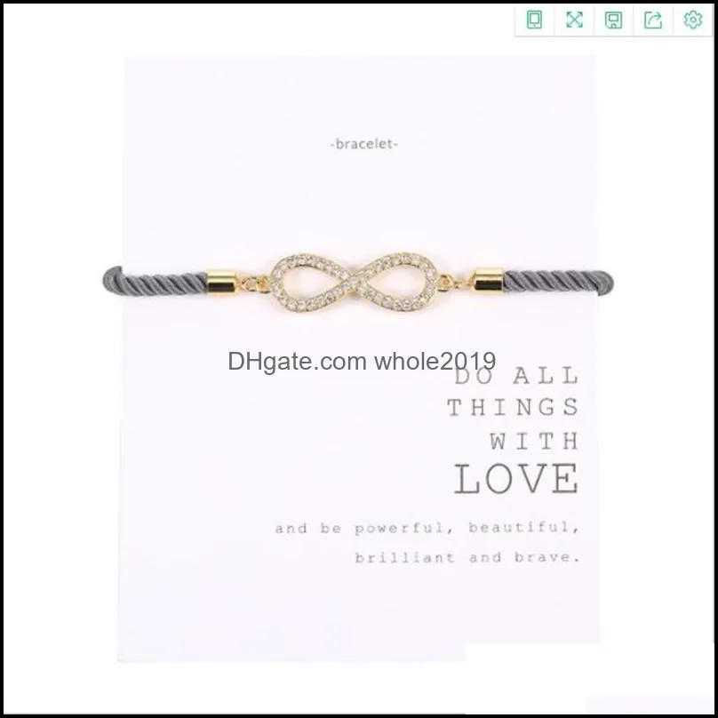 zircon infinite digital eight charm bracelets adjustable braided string micro inlay bangle jewelry gift for women men with wish card