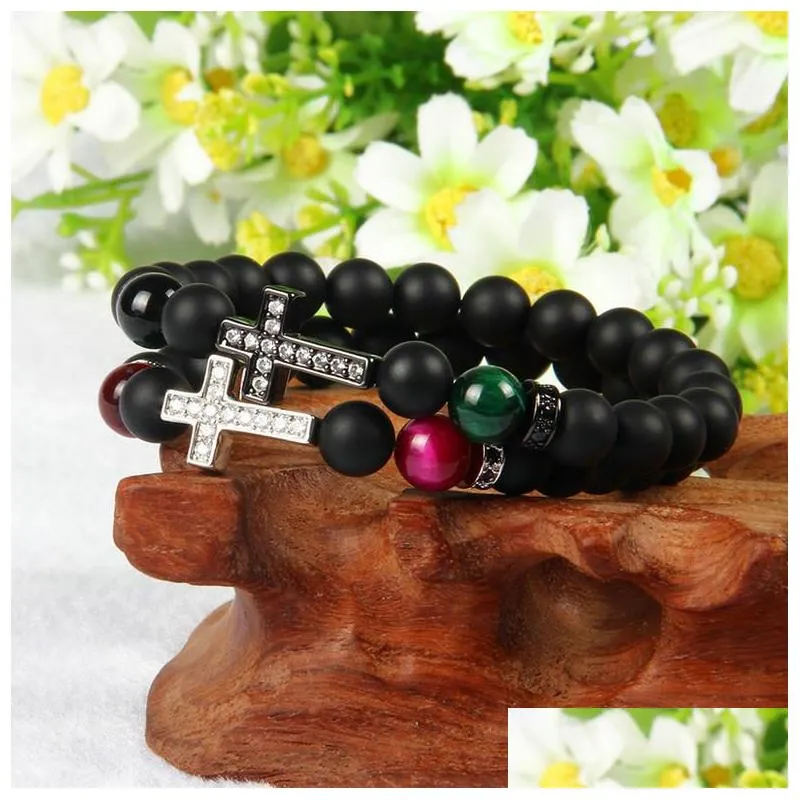 bracelet wholesale 10pcs/lot 8mm matte agate and tiger eye stone beads with clear cz royal cross jesus bracelet