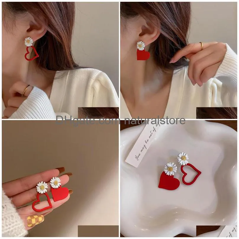 stud drejew pair earrings korea women unusual jewelry heart cute asymmetrical flower girl red fashion accessories