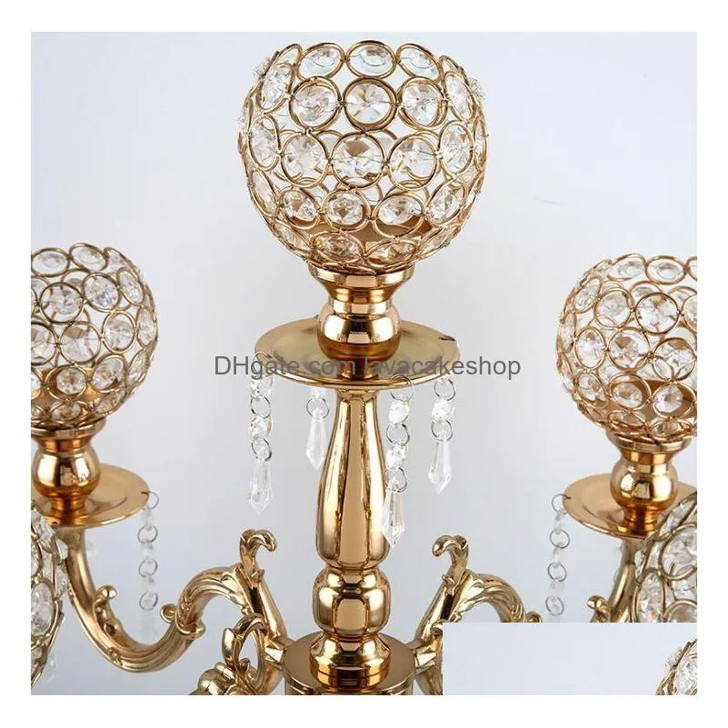  76 cm height 5arms metal gold candelabras with crystal pendants wedding candle holder event centerpiece