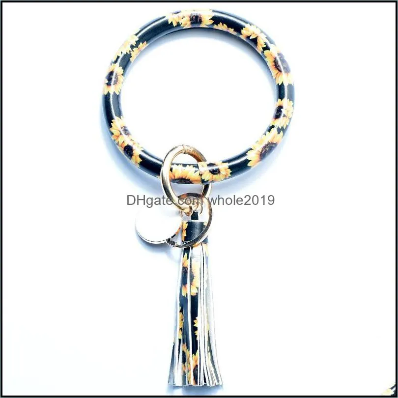 round circle key ring pu leather wristlet keychain bracelets bangle tassel pendant keys chains girls fashion bracelet dhs