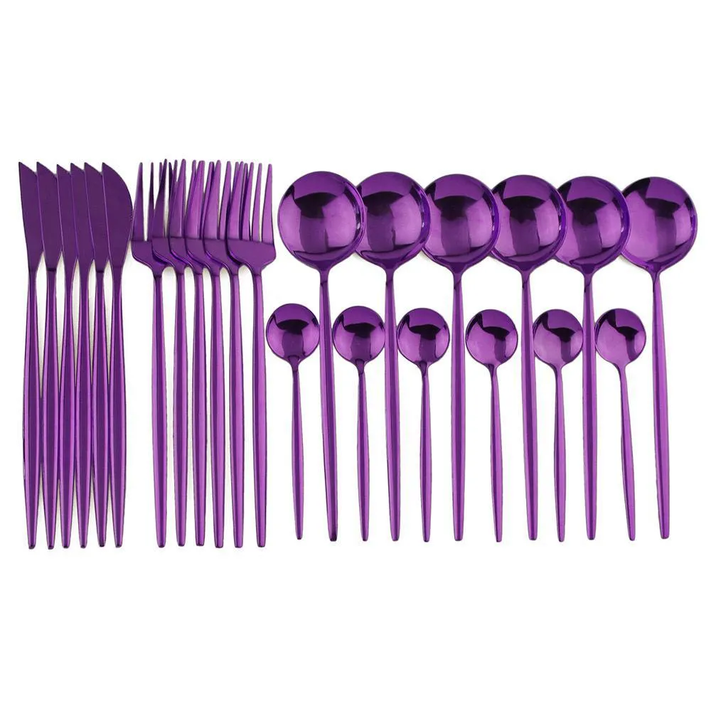 24pcs purple mirror 304 stainless steel dinnerware set knife fork spoon tableware cutlery set western dinner flatware silverware