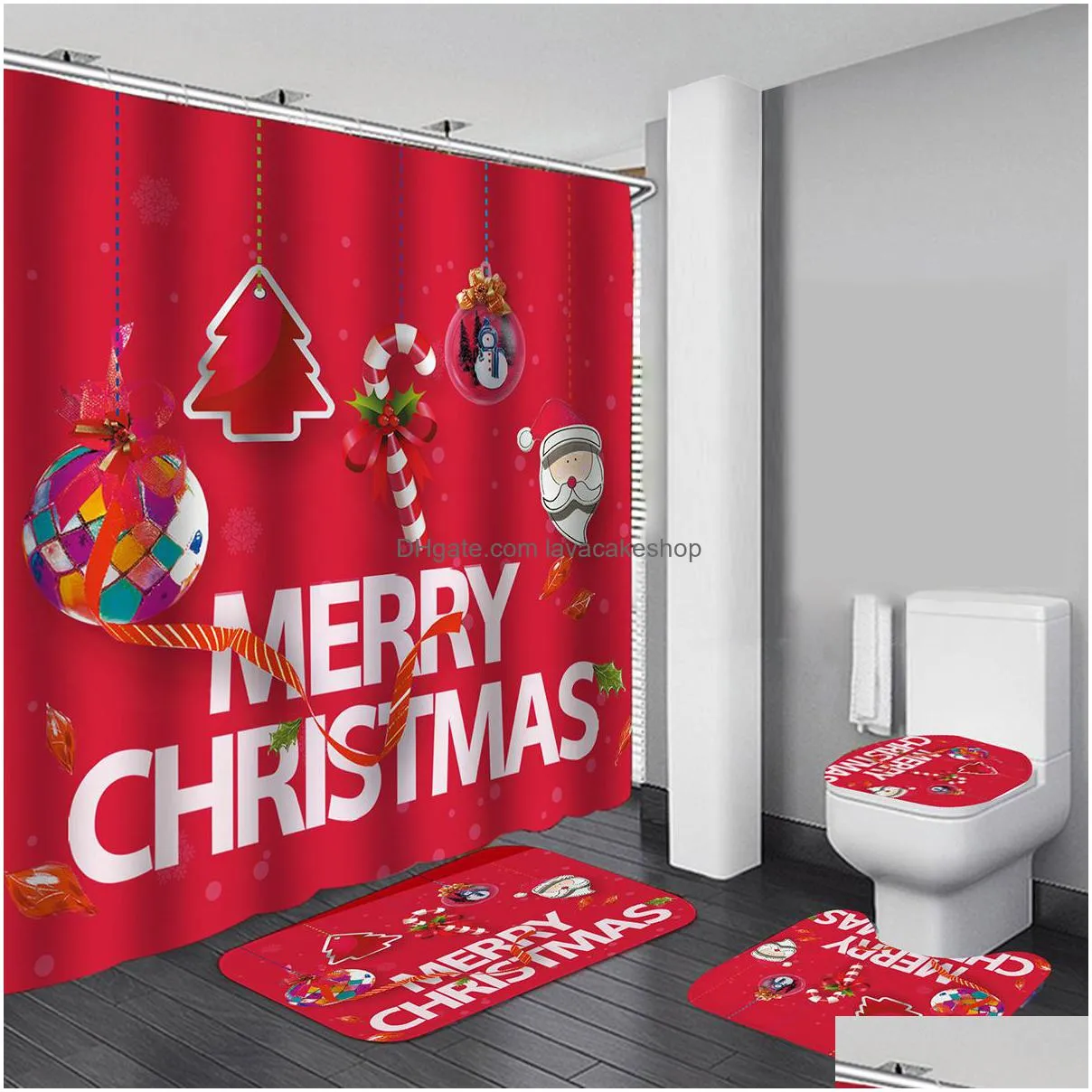 merry christmas waterproof bath shower curtain christmas santa claus bath mat lid toilet cover polyester/ flannel shower curtain