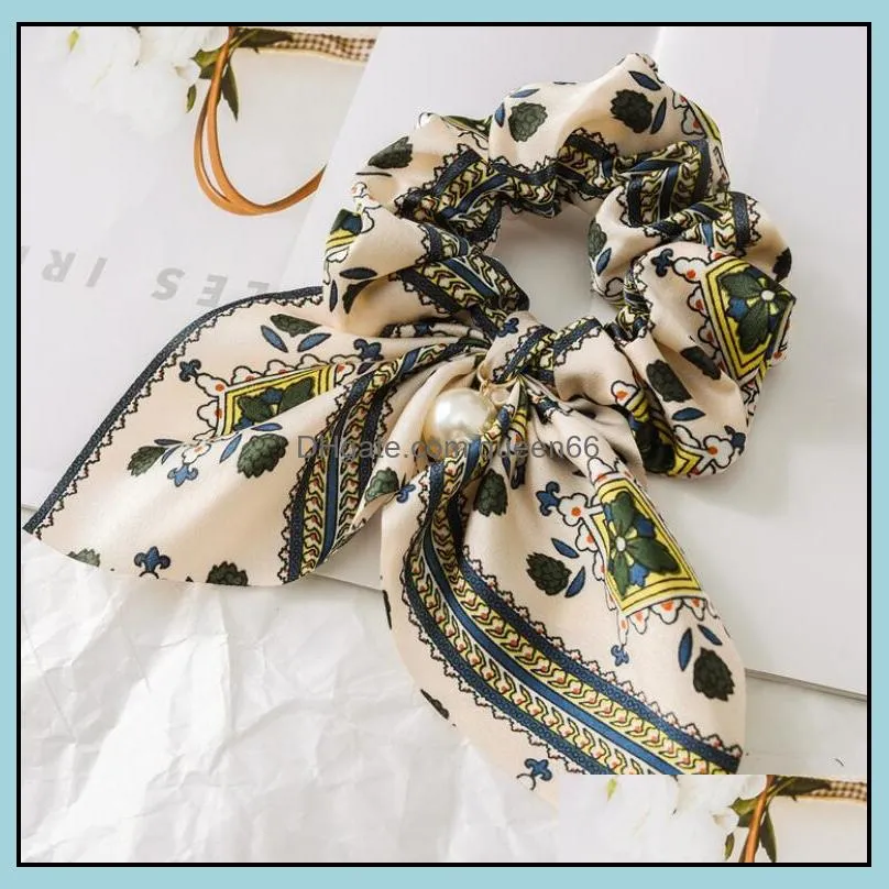 chiffon bowknot silk hair scrunchies women pearl ponytail holder hair tie hair rope rubber bands accessories epacket 