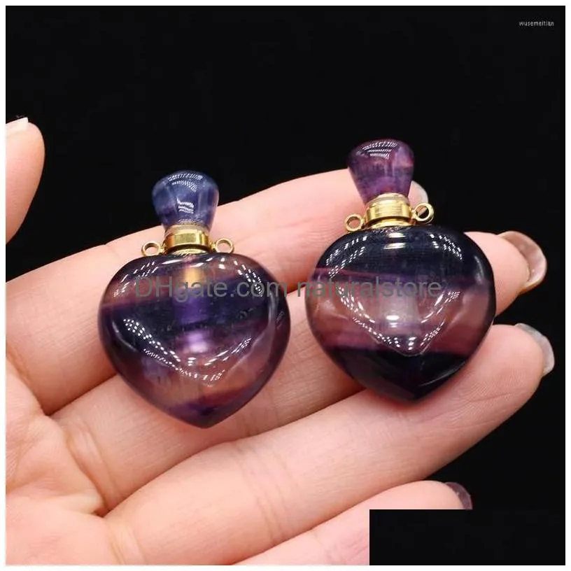 pendant necklaces natural stone gem perfume  oil bottle heart fluorite handmade crafts diy necklace jewelry accessories gift