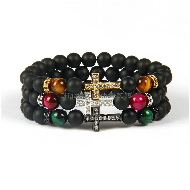 bracelet wholesale 10pcs/lot 8mm matte agate and tiger eye stone beads with clear cz royal cross jesus bracelet