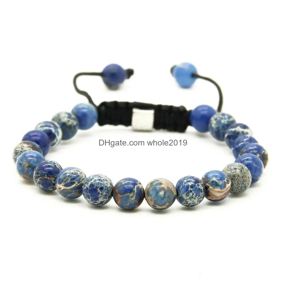  design wholesale 10pcs/lot 8mm sea sediment imperial stone macrame braided lucky bracelet fashion jewelry