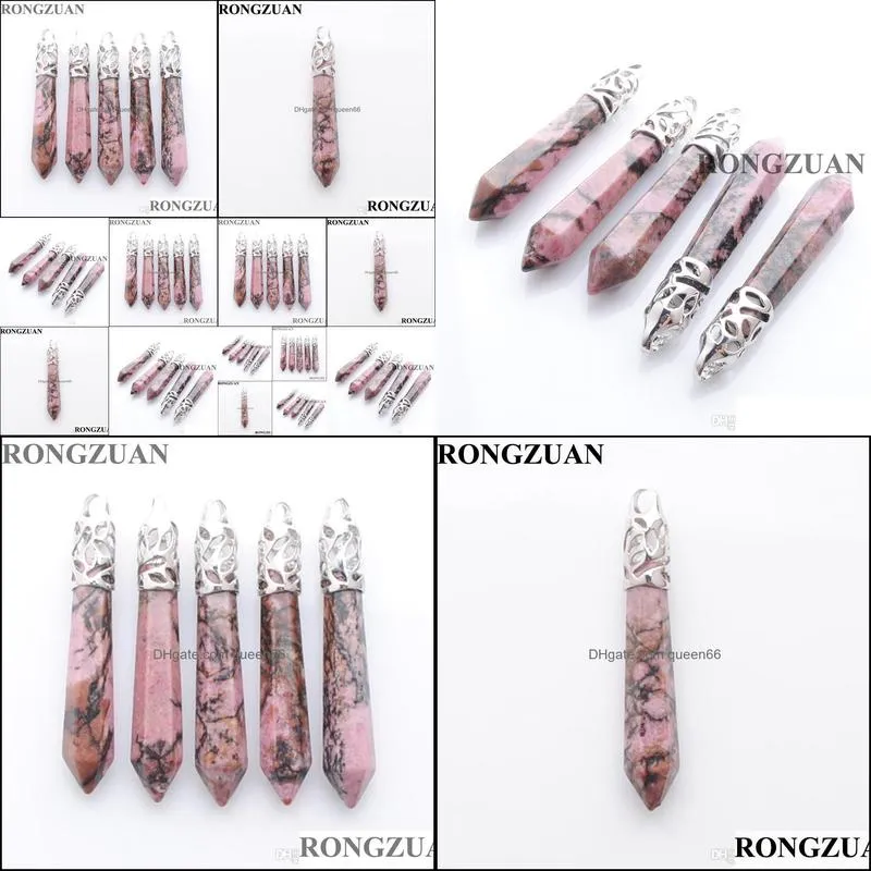 natural gemstone hexagon pillar pendant healing rhodonite suspension for women men trendy jewelry wholesale 5pcs dn3826