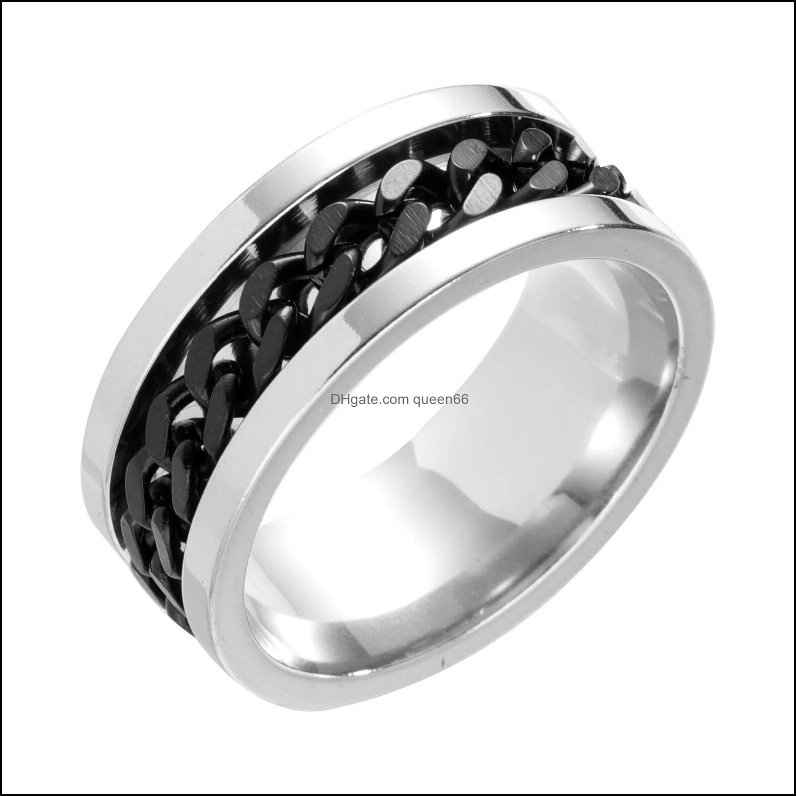 wholesale 40pcs spin chain stainless steel rings silver black gold blue mix men fashion wedding band party gifts jewelry