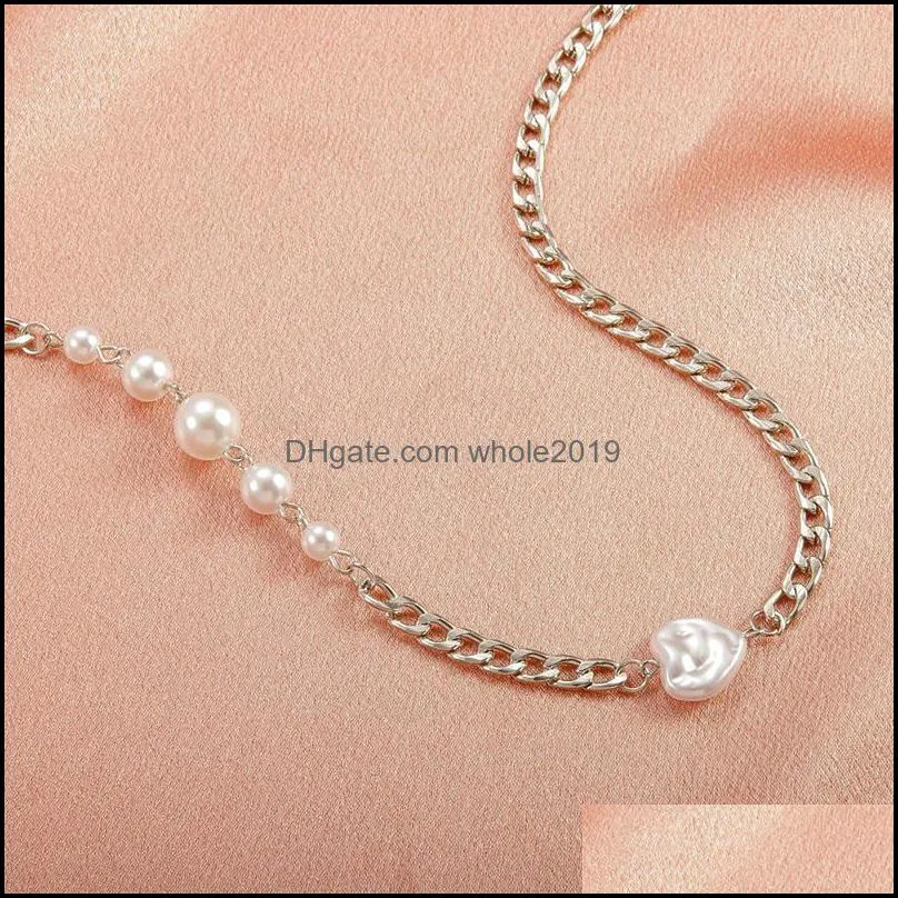 chains punk heart imitation pearl stitching chain necklaces for women choker short silver color hip hop collars chocker jewelrychains
