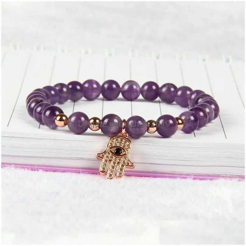  design wholesale 10pcs/lot 6mm natural purple crystal stone beads with fatima hand hamsa bracelets fine girl women charms jewelry