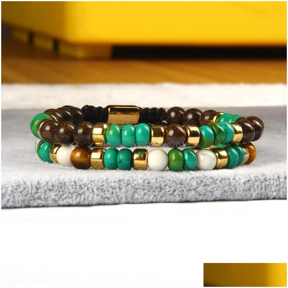 wholesale fashion jewelry arrival 6mm bronzite stone howlite stone with natural green flat beads macrame bracelet for gift