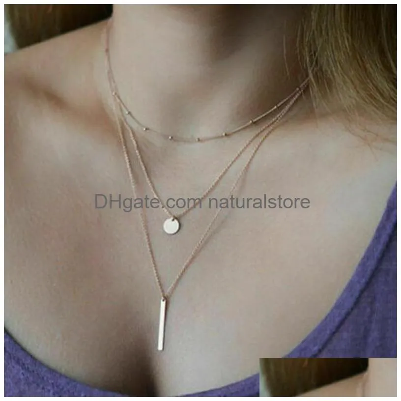 pendant necklaces 3 layers silver coin rectangular bar choker necklace women clavicle girls chain chocker jewelry gift