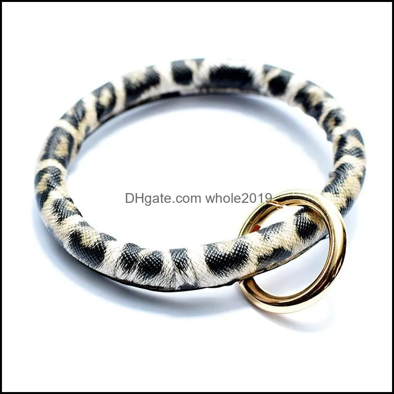 leather circle key chains wristlet bracelet keyring leopard car keychains holder convenient pu bangle keychain for women men