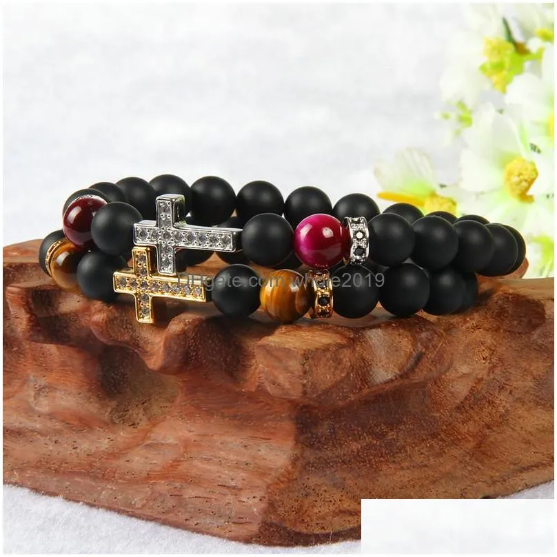 bracelet wholesale 10pcs/lot 8mm matte agate and tiger eye stone beads with clear cz royal cross jesus bracelet