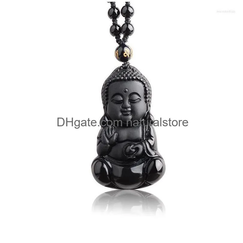 pendant necklaces natural black obsidian carved baby buddha with amulet lucky beads chain female male necklace jewelry