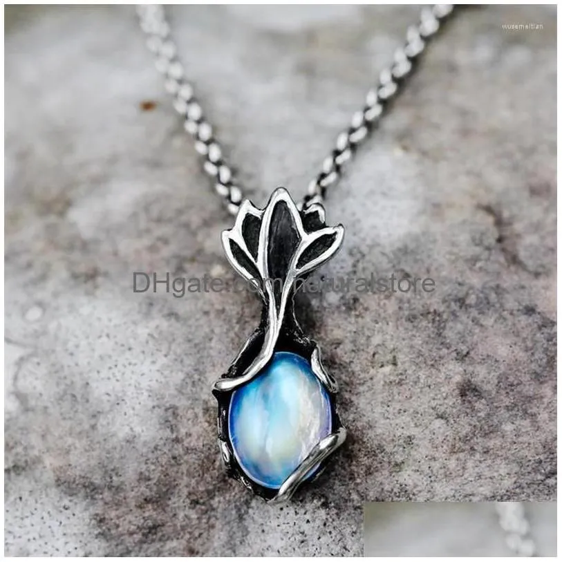 pendant necklaces vintage womens moonstone necklace silver color flower charm chain for female floral jewelry