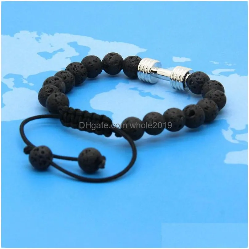 sport bracelets wholesale 8mm lava rock stone beads with barbell fitness dumbbell macrame bracelets for men