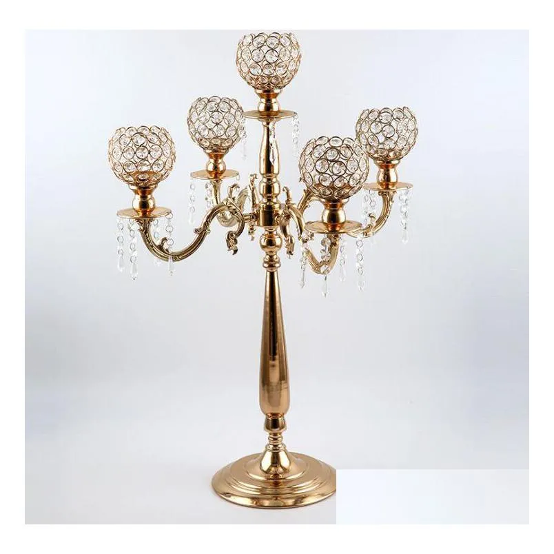  76 cm height 5arms metal gold candelabras with crystal pendants wedding candle holder event centerpiece