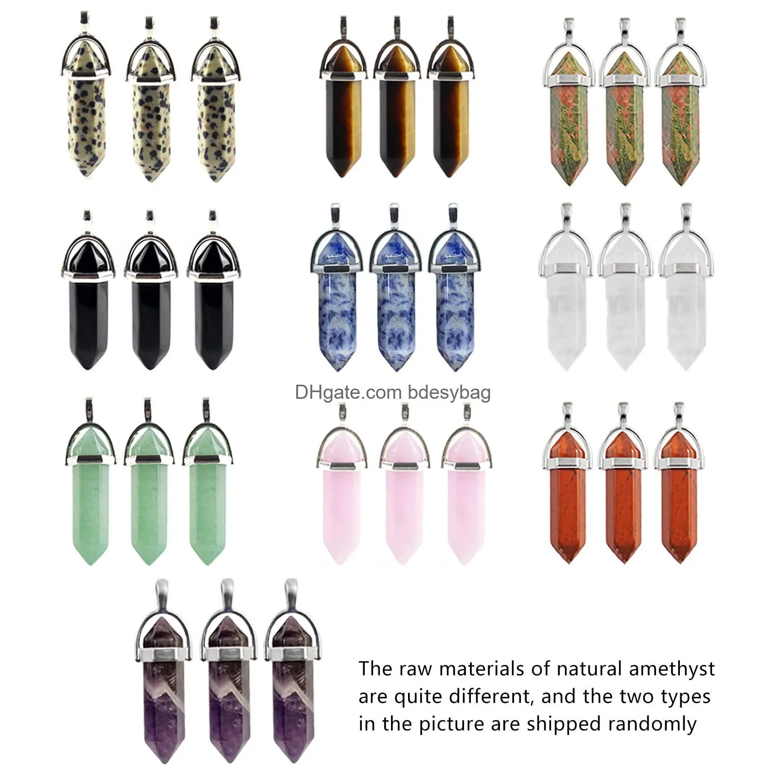 hexagonal chakra pendant bullet shape crystal pendant healing pointed quartz charms gemstone natural prism stone chakra beads for diy necklace earrings bracelet jewelry making 10 colors