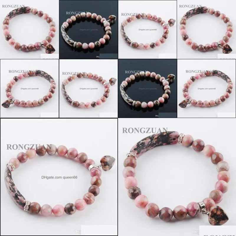 stretch bracelets natural gemstone rhodochrosite round beads strand bangles heart shape pendant for women jewelry love gift dk3314