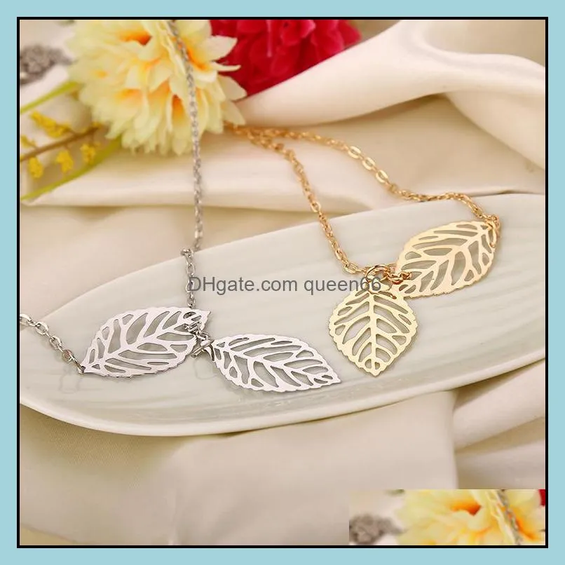 fashion jewelry simple sliver gold plated chain long necklace unique leaf pattern pendant necklaces lobster clasps chain jewelry for