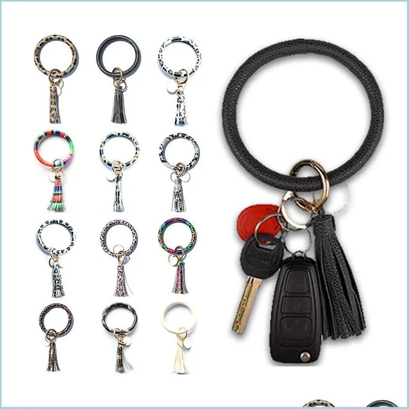 round circle key ring pu leather wristlet keychain bracelets bangle tassel pendant keys chains girls fashion bracelet dhs