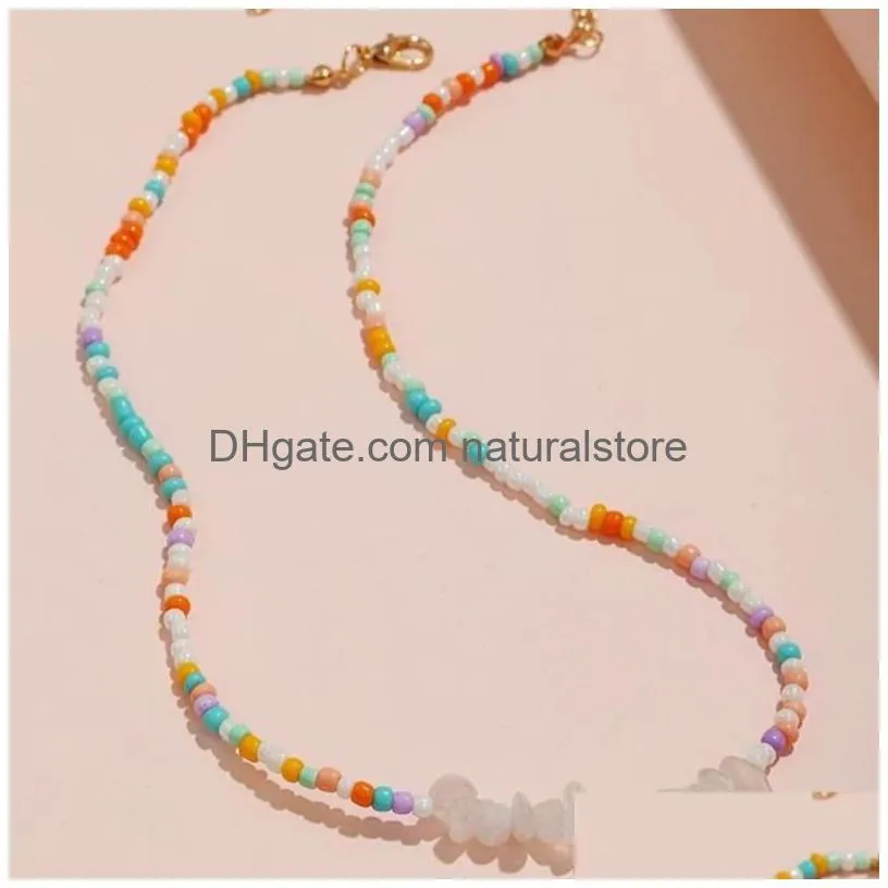 pendant necklaces fashion boho ethnic mixed color beads white stone chain choker necklace for women female vintage cute collar clavicle