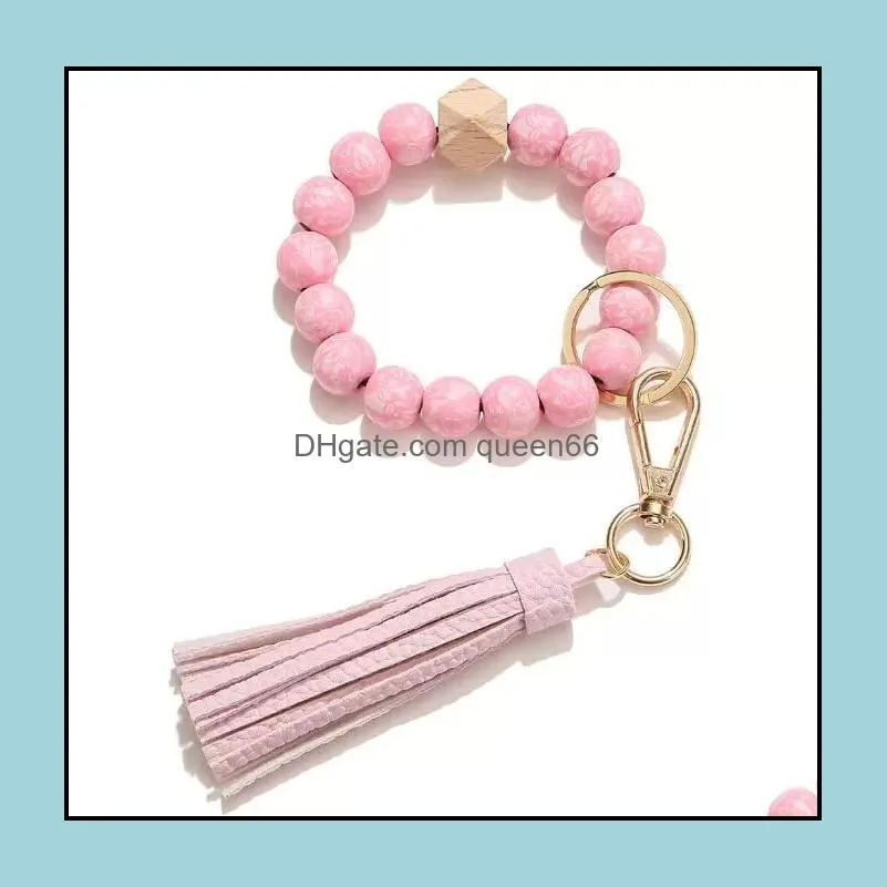 fashion flower pattern wood beads bracelets keychains leather wrap tassels bracelet keychain round bangle keyring