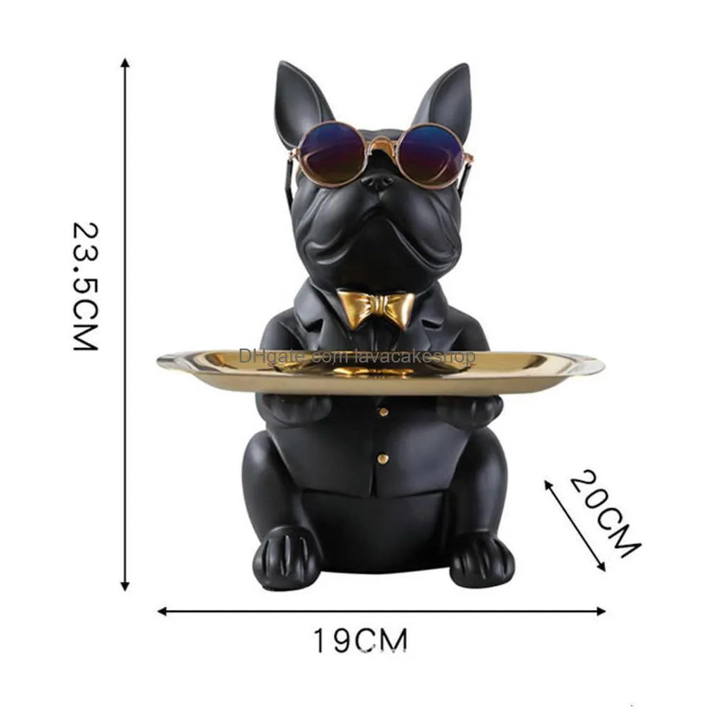 resin cool dog sculpture bulldog decorative figurine storage tray coin bank entrance key snack holder modern art statue 210727